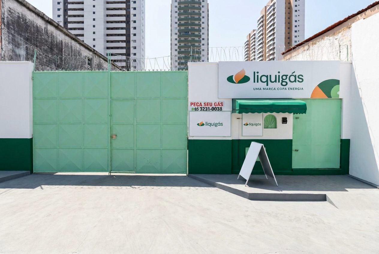 Fachada da loja da Sol Gás na Rua Lauro Maia, 151, com o portão verde e o painel da Liquigás