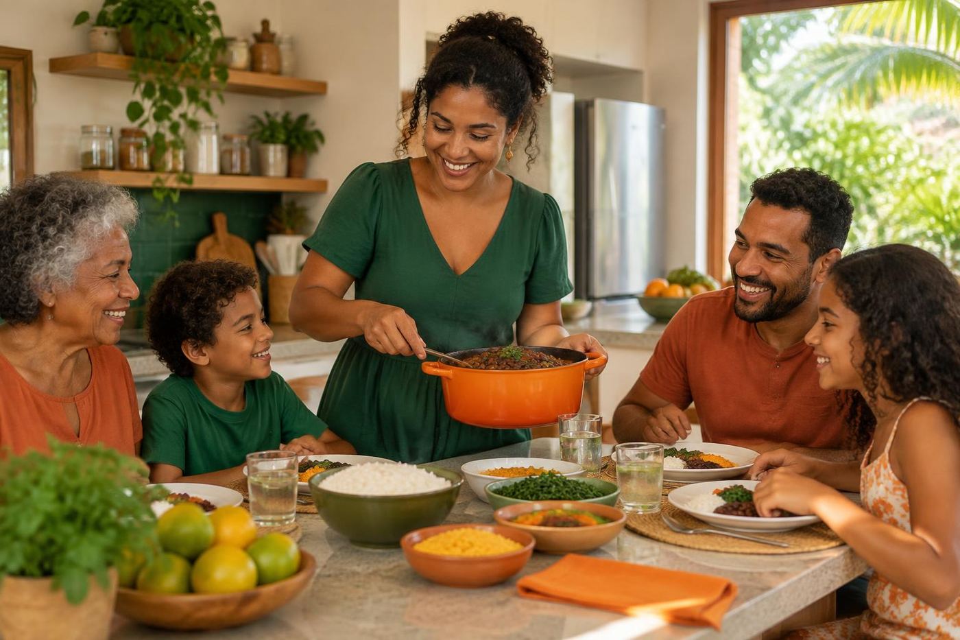 Família sorrindo reunida para uma refeição